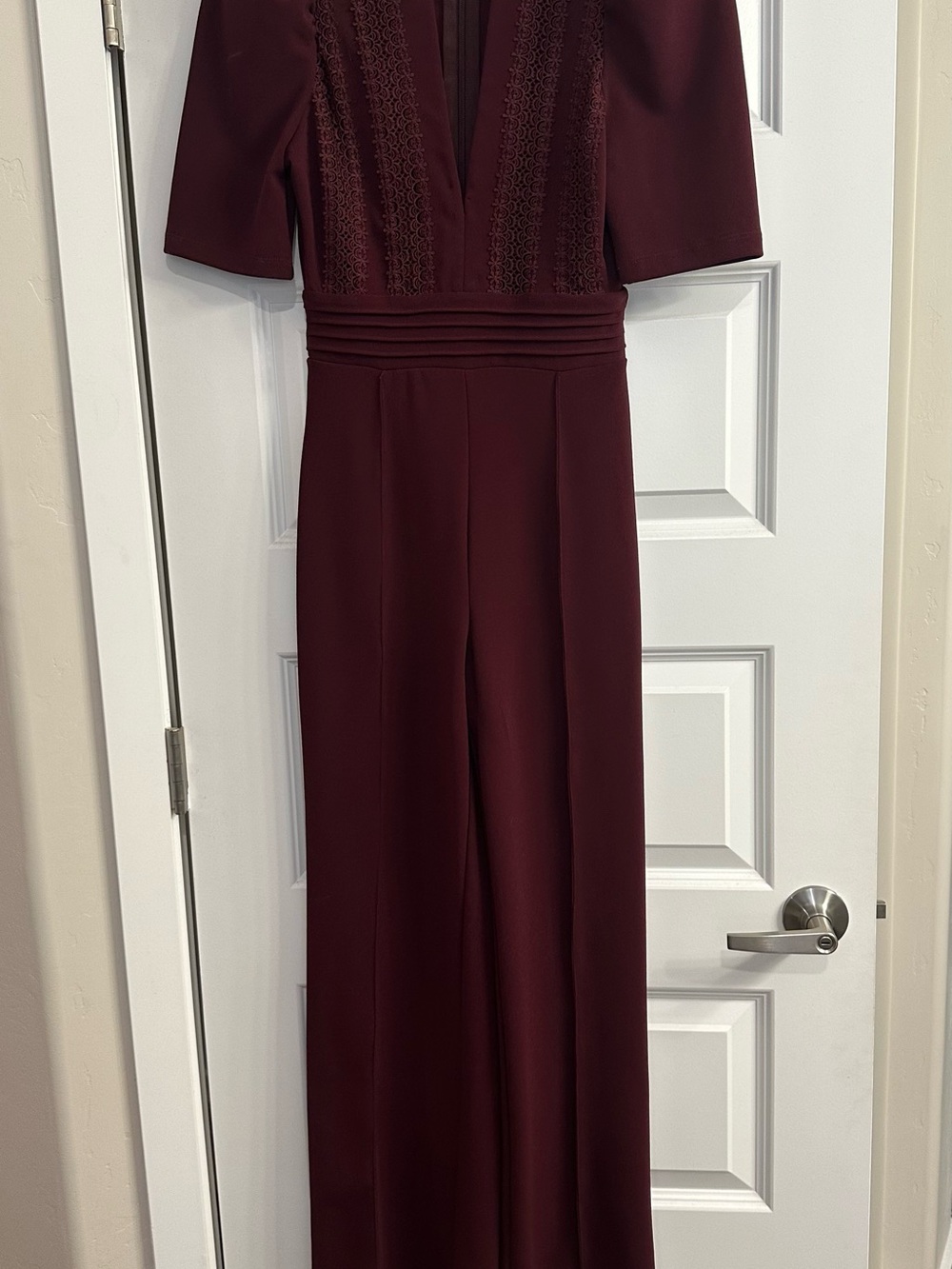 Plum V-Neck Lace-Trim Jumpsuit